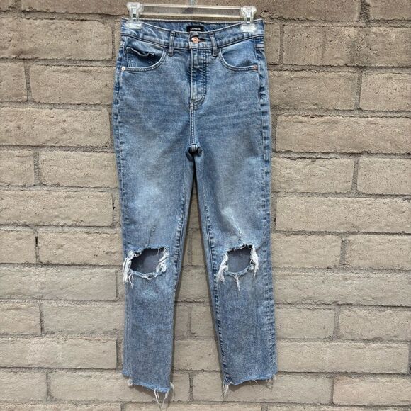 Express Light Denim Straight Ankle High Rise Distressed Jeans SZ 2 - Picture 1 of 6